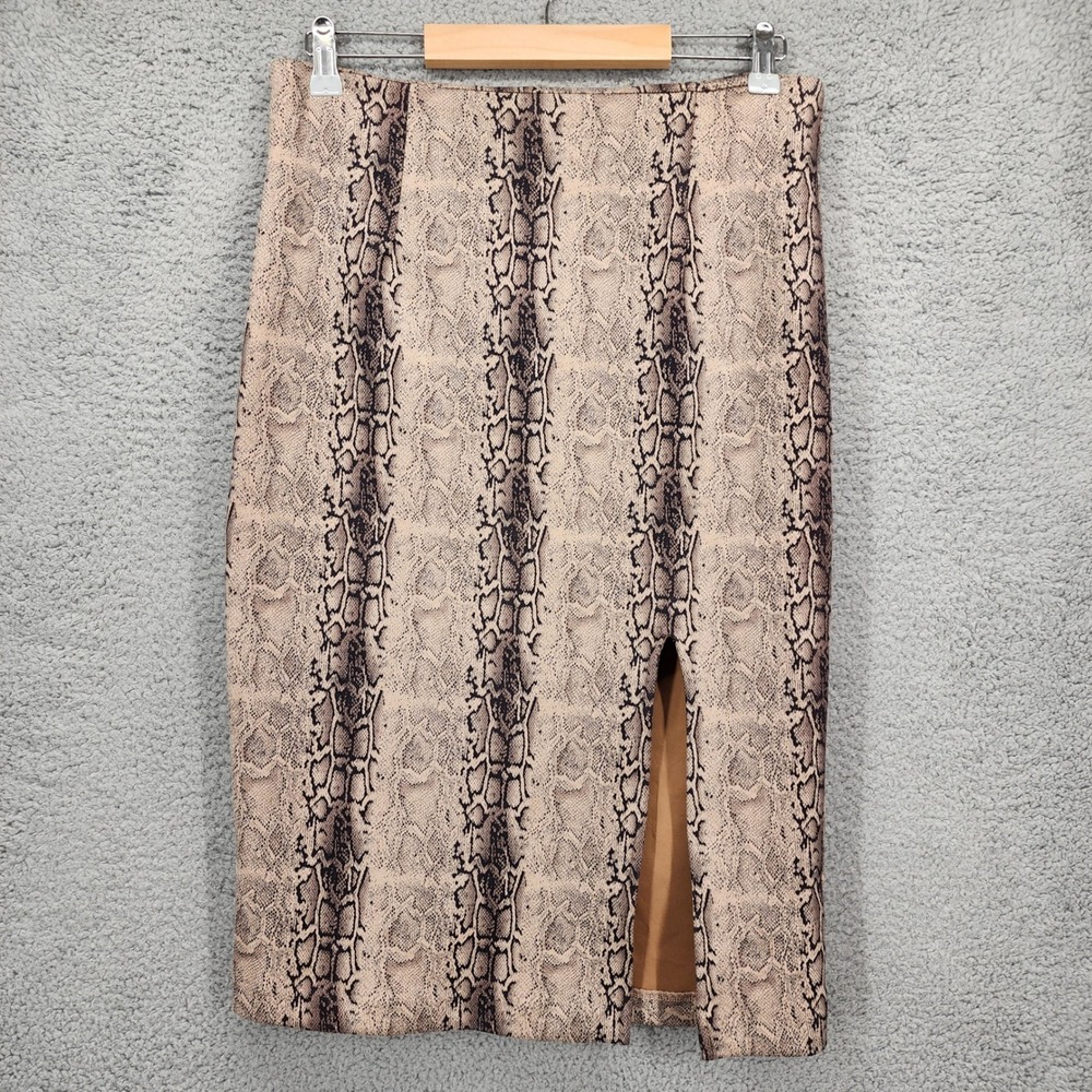 Potters Pot Snakeskin‎ Print Midi Pencil Skirt Tan Black Slit Large